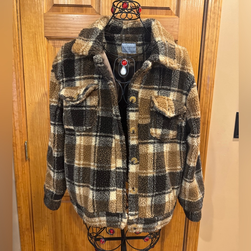 Hayden LA Allegra K Faux Fleece Button Down Casual Warm Plaid Lined Jacket Small